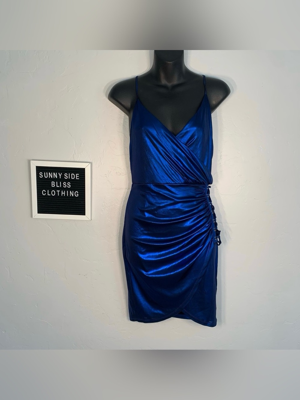 Guess Blue Metallic V Neck Bodycon Mini Dress Open Back Size Small